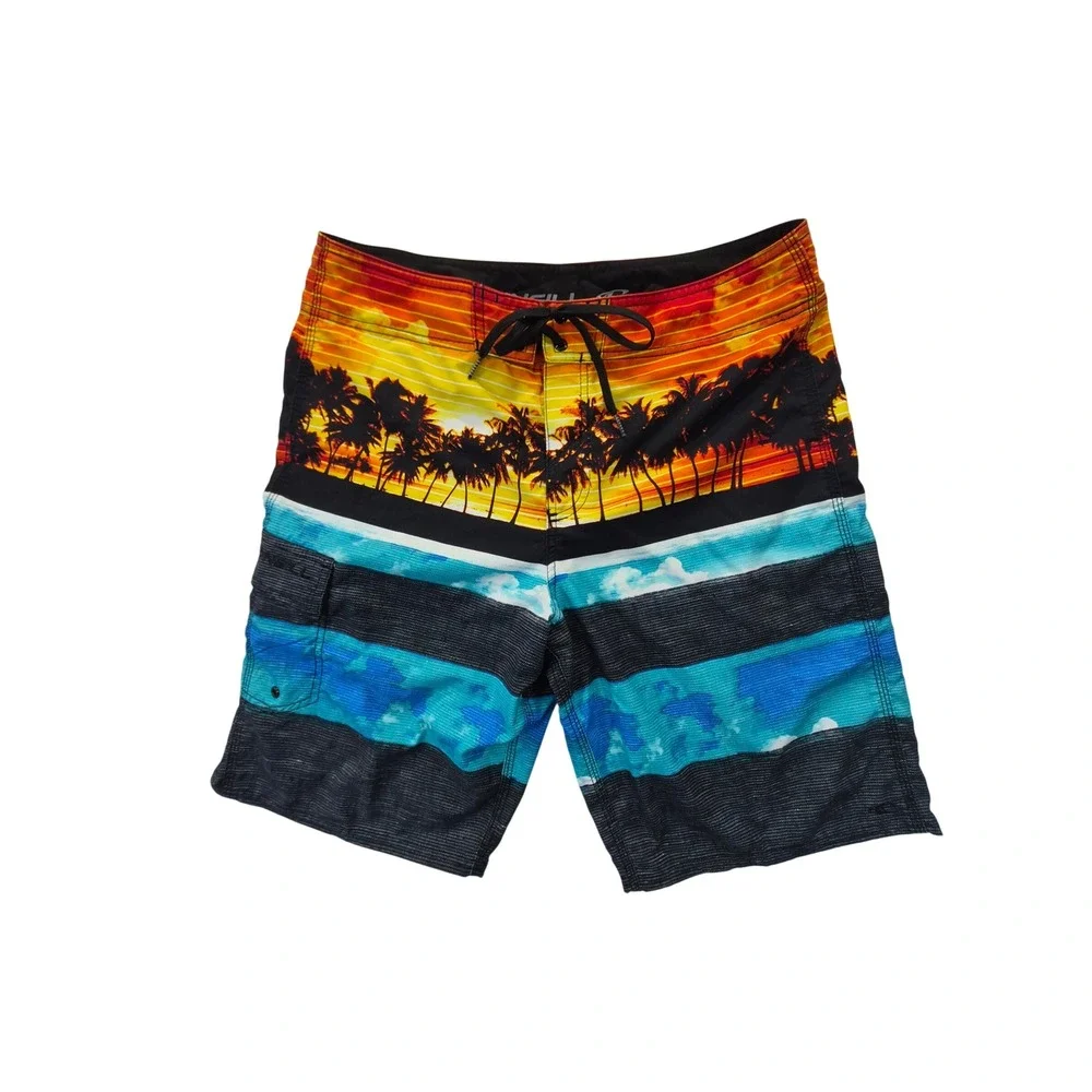 O'Neill Hyperfreak Board Shorts Sunset Palm Tree Graphic Multi-Color Mens 33